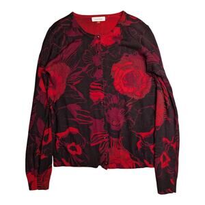 Calvin Klein Red Black Rose Floral Print Round Neck Button Up Wool Cardigan L